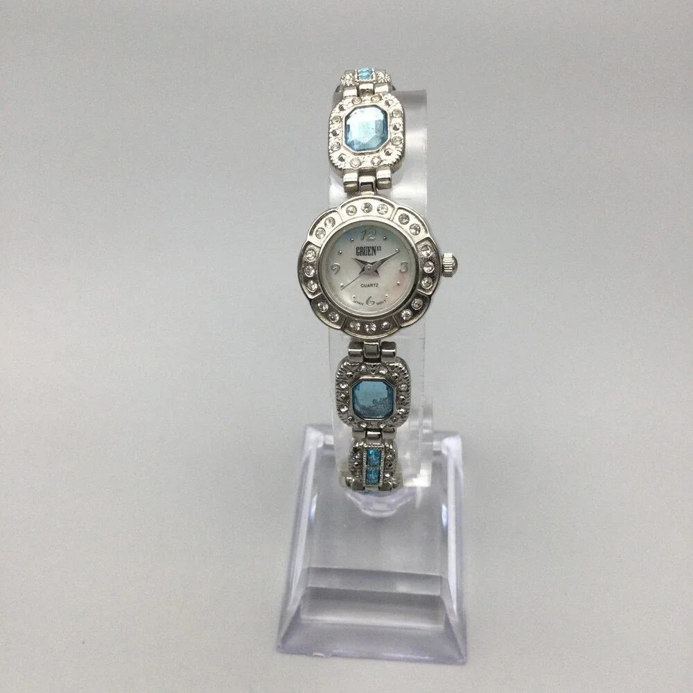 Gruen Womens Watch 21mm Mother Of Pearl Dial Blue Crystal New Battery 8
